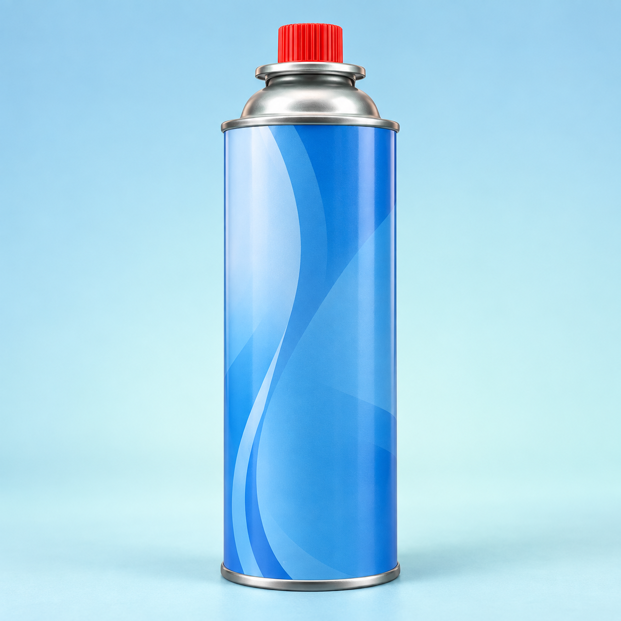 Blue camping gas canister with red safety cap