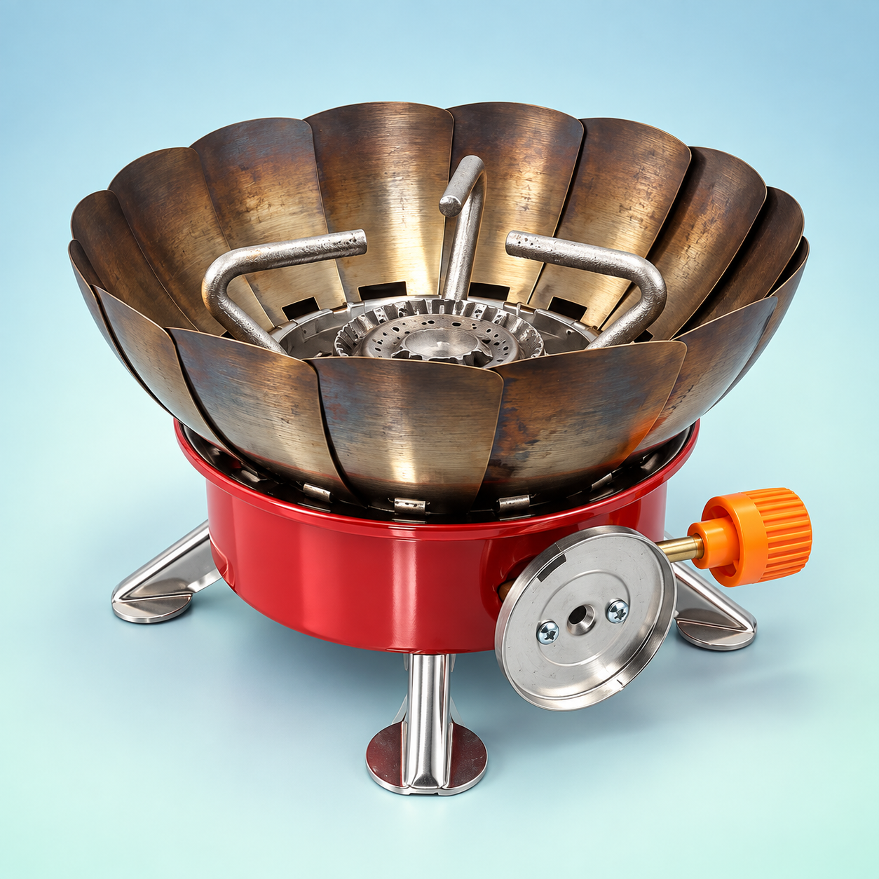 Red portable stand stove with metal wind shield and orange control knob