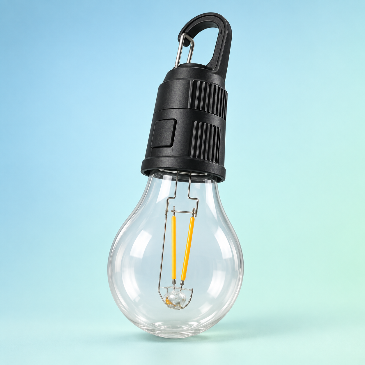 Rechargeable hanging camping bulb with clear glass and black hook