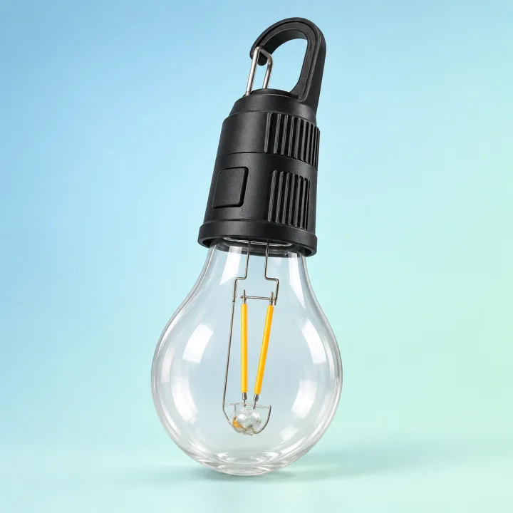Rechargeable hanging camping bulb with clear glass and black hook